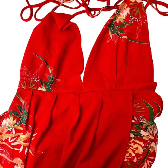 Size Large Red Floral Halter Maxi Dress Plunging Neckline Backless Design EUC - Picture 7 of 9